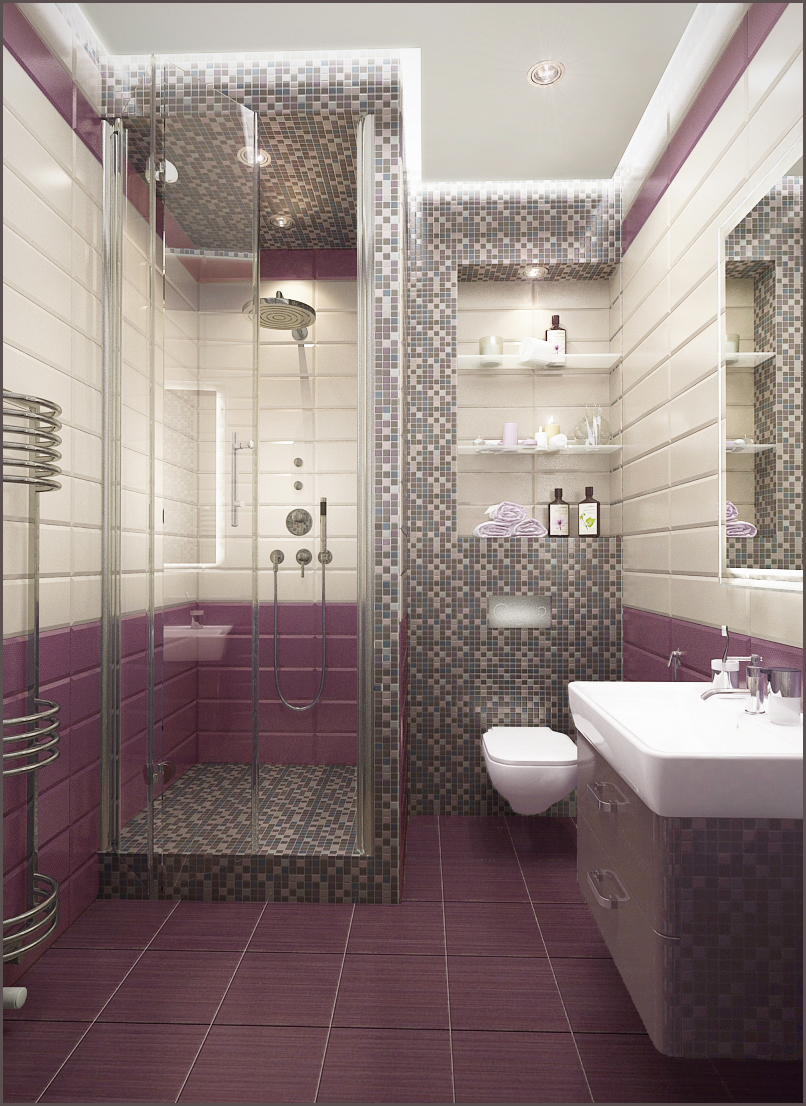 Vagy hozzon létre egy csempe-elrendezést az egyszínű fürdőszobában, de hozzon létre   fényes akcentussal   az egyik falon (kontrasztos színű vagy fényes panel formájában)